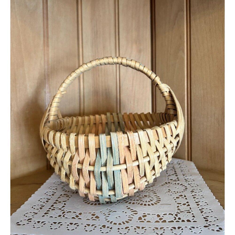 Vintage Handwoven Pastel Butt Basket Eye of God Egg Gathering Cottagecore